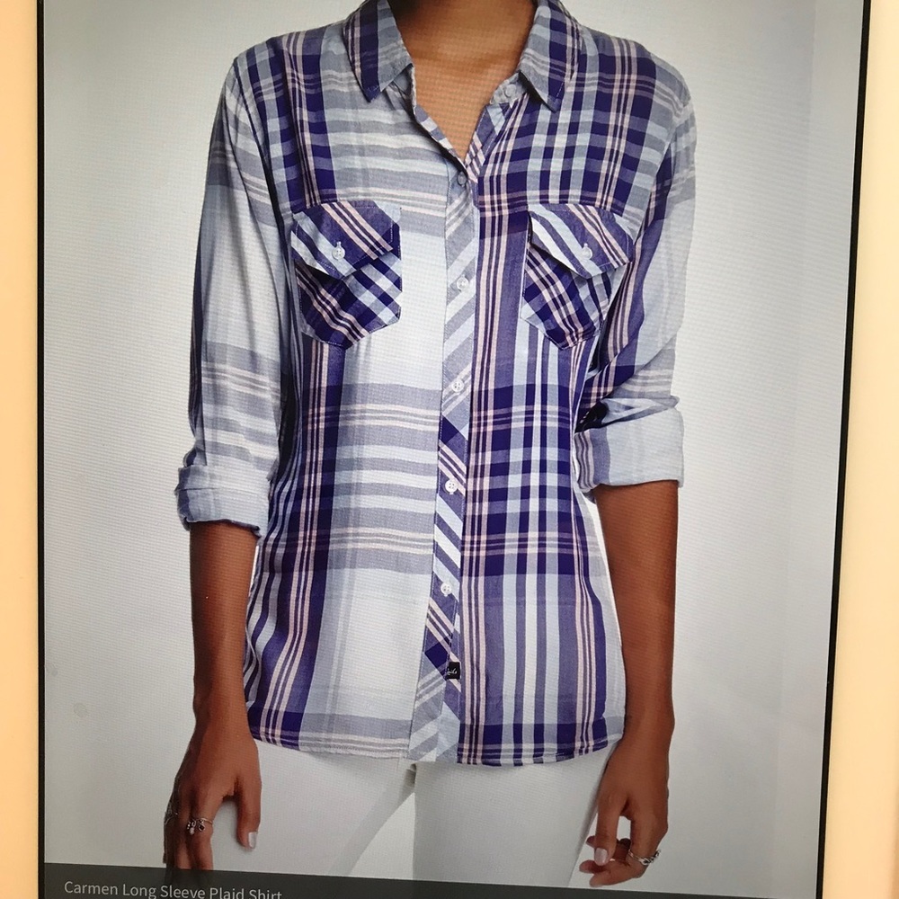 Rails Carmen periwinkle plaid LS shirt EUC